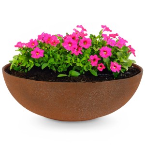 Hellgraue, marmorierte Pflanzschale (30x9 cm) von matches21, bepflanzt mit pinkfarbenen Blumen.