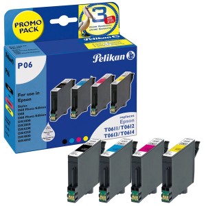 Pelikan P06 Tintenpatronen PromoPack mit 4 Patronen (Schwarz, Cyan, Magenta, Gelb) für Epson Drucker.