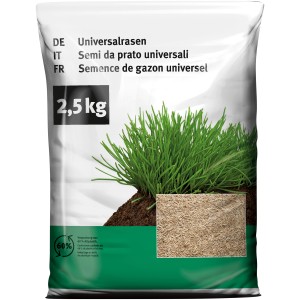 Verpackung Universal Rasen 2,5 kg mit Rasensamen und Grasbüschel. Ideal für strapazierfähigen Gebrauchsrasen.