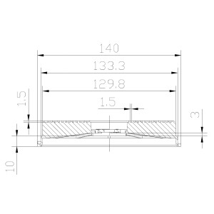 Technische Zeichnung des PKM Kohlefilters CF155 mit Maßangaben für Dunstabzugshauben.