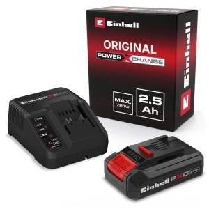 Einhell Power-X-Change Starter Kit mit schwarzem 18V 2,5Ah Akku, Ladegerät und Verpackung für Elektrowerkzeuge.