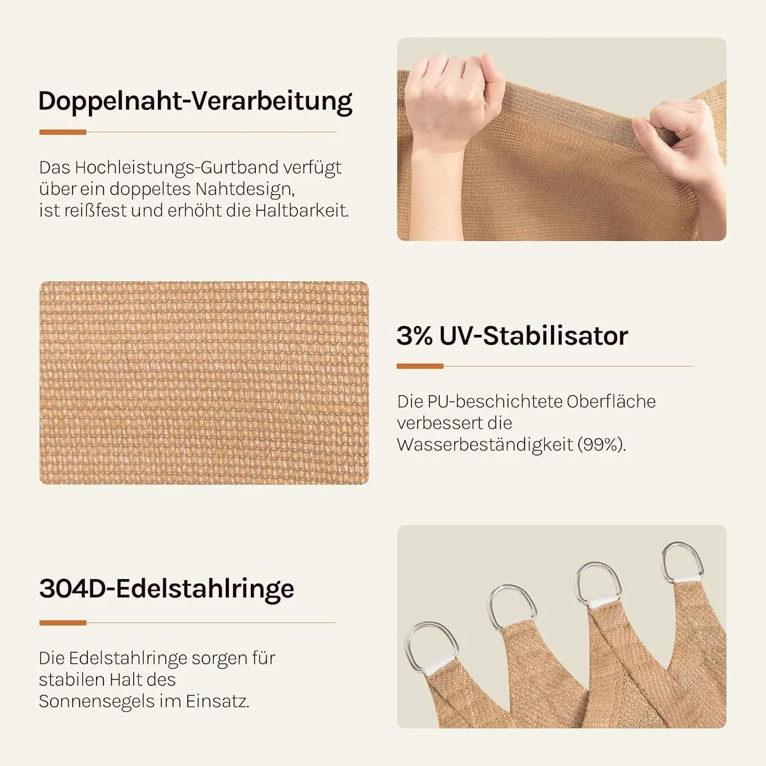 WOLTU Sonnensegel Sonnenschutz Atmungsaktiv HDPE Sand 3x3x4,25 m_4