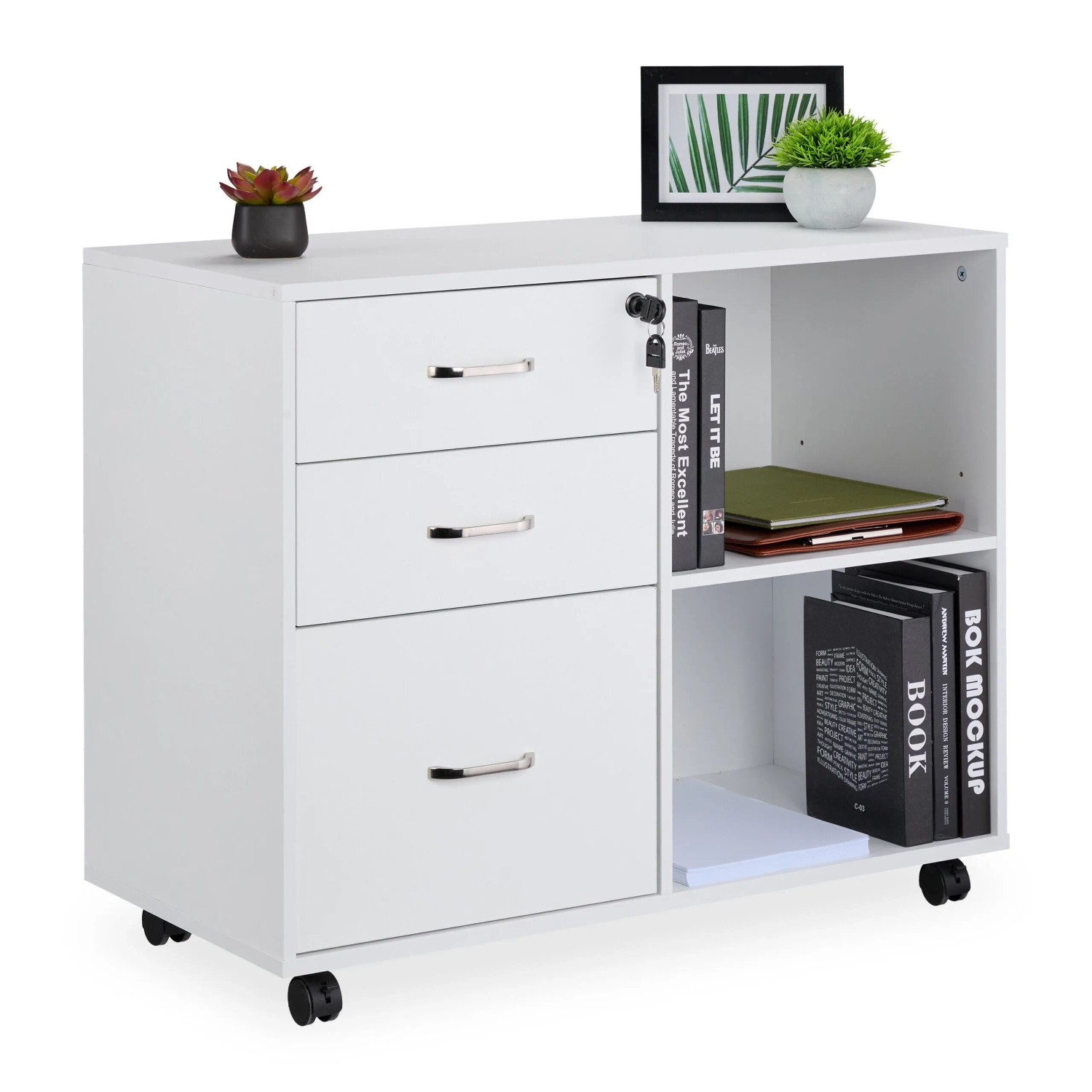 Relaxdays Rollcontainer mit Schubladen und Ablagen Holzwerkstoff Metall Weiß Abschließbar mit Rollen 66 cm x 80 cm x 40 cm 22,9 kg