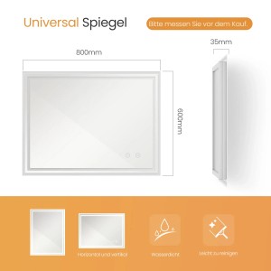 Emke Badspiegel 80x60 cm mit LED-Beleuchtung und Touchschalter für Kaltweißes Licht.