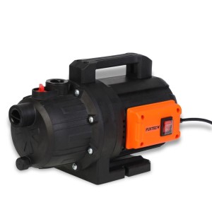 Schwarze FUXTEC elektrische Gartenpumpe FX-GP2800 mit orangefarbenem Schalter und Tragegriff für Bewässerung.