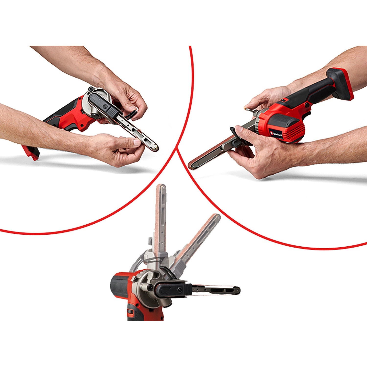 Einhell Akku-Bandfeile TE-BF 18 V Li-Solo: Akku-Schleifer mit schwenkbarem Schleifarm in Nutzung.