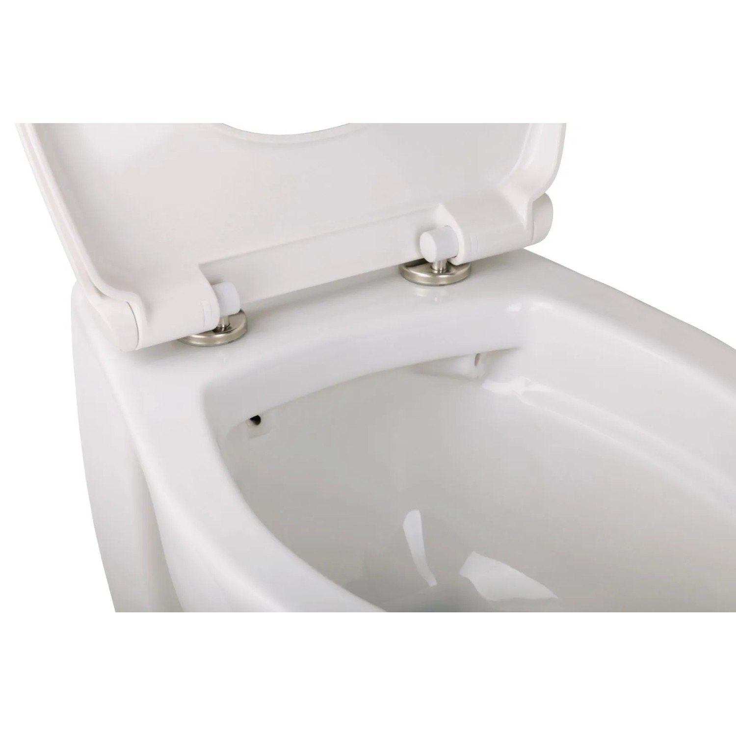 Detailaufnahme: Weißes, erhöhtes Wand-WC-Set mit offenem WC-Sitz. Spülrandloses Design.