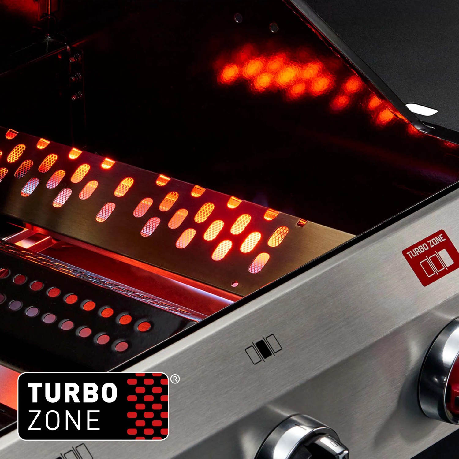 Detailaufnahme der Turbo Zone des Enders Gasgrills Chicago Next mit aktiven Brennern.