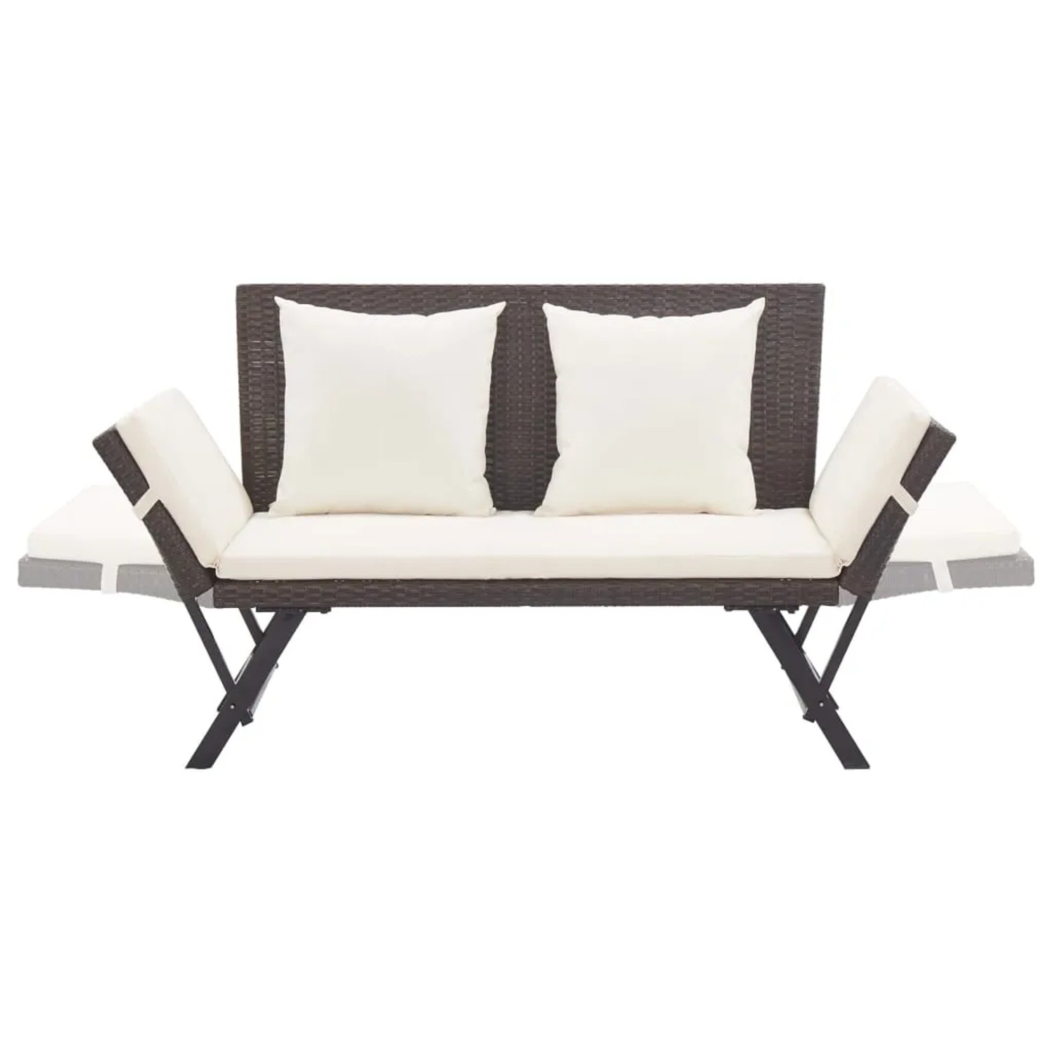 Braune VidaXL Gartenbank aus Rattan mit Kissen, umwandelbar zum Tagesbett.