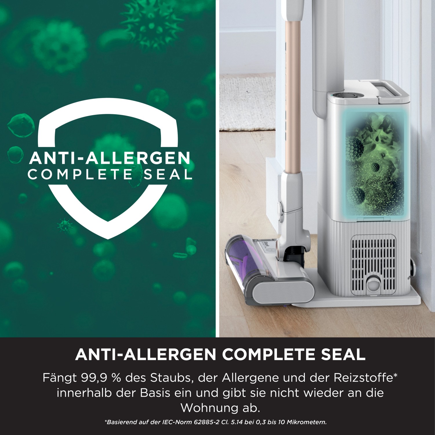 Shark Akkusauger Detect Pro mit Absaugstation und Anti-Allergen Siegel.