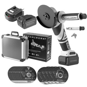 STAHLWERK Akku-Winkelschleifer Set mit Akku, Ladegerät, Koffer und Schleifscheiben.