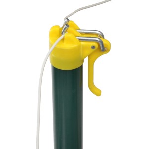 Floraworld Wäschepfahl, 205 cm, moosgrün mit gelbem Leinenspanner und Drahtbügel.