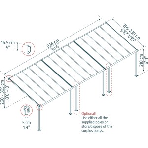Technische Zeichnung: Palram Canopia Sierra Terrassenüberdachung, 924x295 cm, graues Aluminium, Maße.