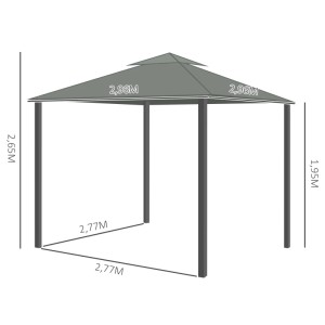 Technische Zeichnung: Dunkelgrauer Outsunny Gartenpavillon 3x3m mit Maßen für Gestell und Dach.