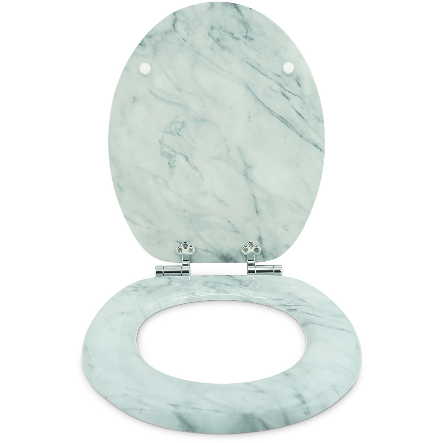 Sanfino WC-Sitz Marmor, Toilettendeckel aus Holz mit Absenkautomatik, weißgraues Marmor-Design.