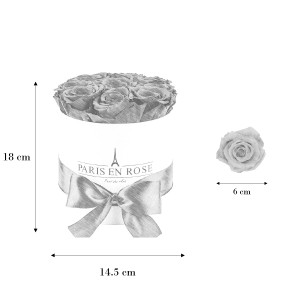 Weiße Rosenbox (Ø 14,5 cm) mit 9 bordeauxfarbenen Rosen und Schleife. Blumenstrauß für besondere Anlässe.