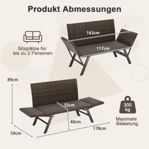 Braune Rattan Gartenbank mit Liegefunktion, verstellbaren Armlehnen, als Sofa und Tagesbett. 2-Sitzer, 300kg.
