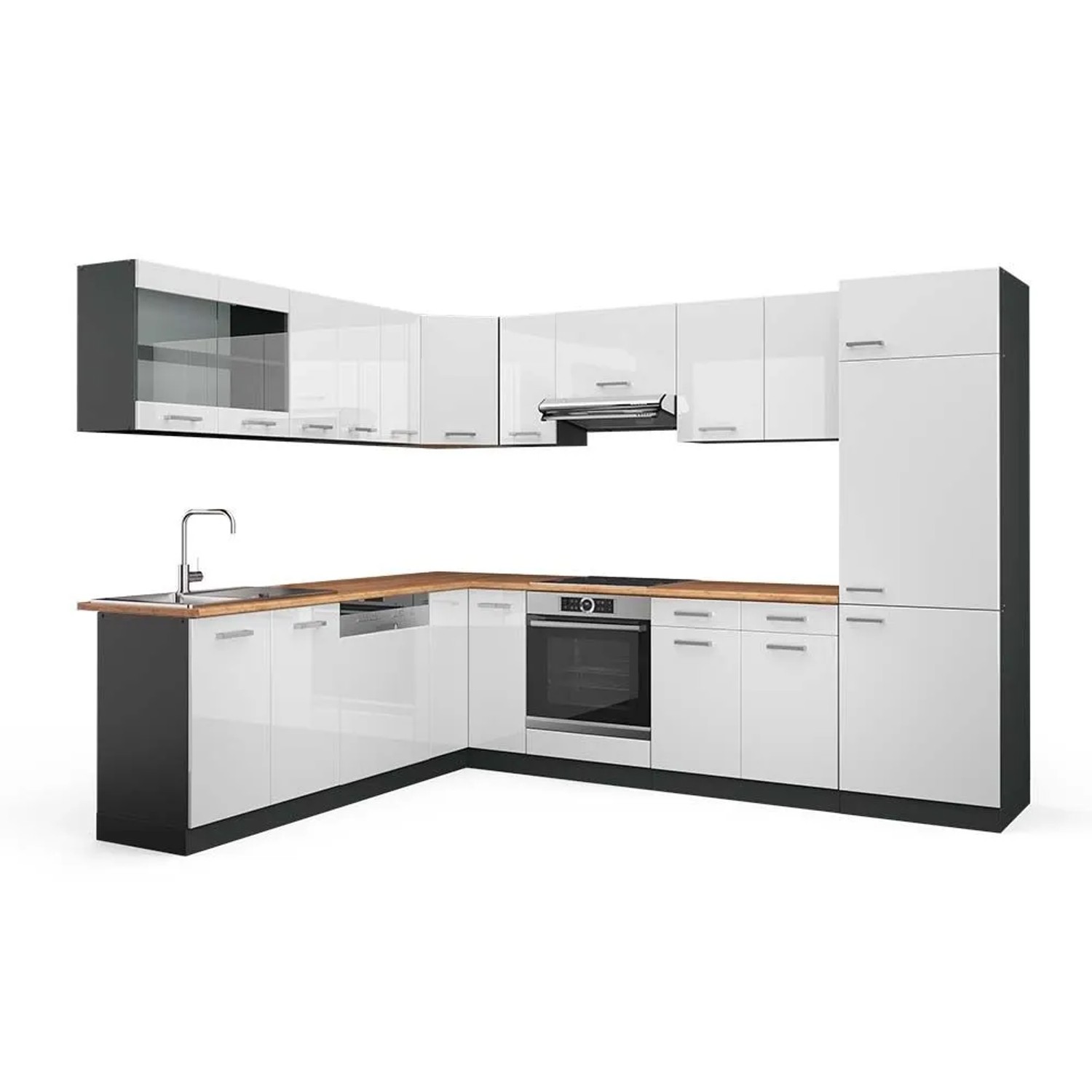 Vicco Eckküche R-Line Weiß Hochglanz/Anthrazit 287 x 82, AP Eiche