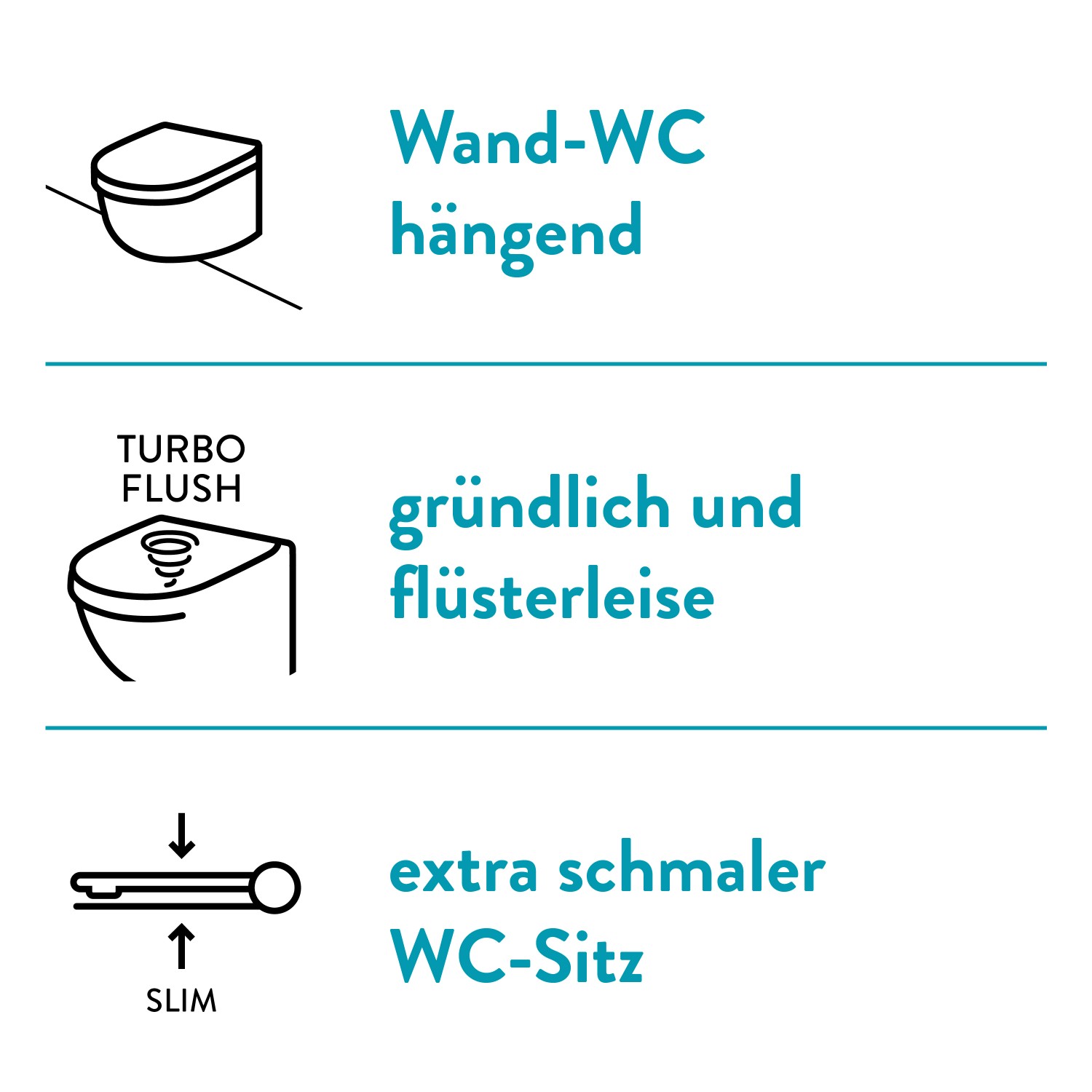 Illustrationen der Eigenschaften des weißen baliv Wand WC-Sets Sunderland: Hängend, TurboFlush, extra schmaler WC-Sitz.