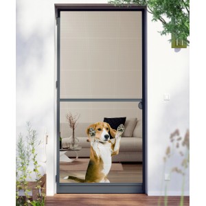 Windhager Fliegengitter Pet Protect Anthrazit: Robustes Insektenschutzgitter mit Hund.