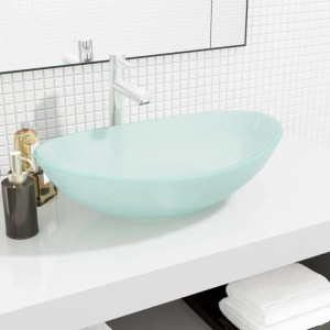 Mattblaugrünes vidaXL Hartglas Waschbecken, oval, 54,5x35x15,5 cm, auf Waschtisch. Modernes Badezimmer-Aufsatzwaschbecken.