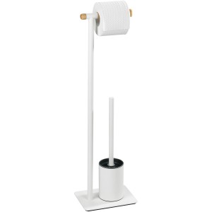 Wenko Stand WC-Garnitur Macao, weiße WC-Bürste mit Papierhalter aus Stahl und Holz.