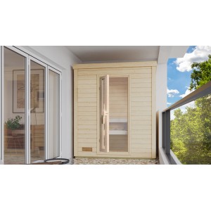 Karibu Saunahaus Arvi 0 aus Fichte mit Glastür, naturbelassen auf einem Balkon.