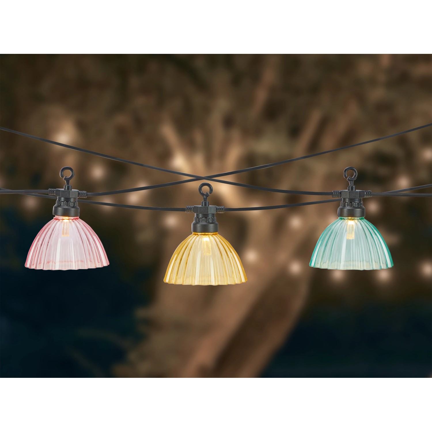 Solar-LED-Lichterkette Zevio mit bunten Lampen im Regenschirm-Design für Garten und Balkon.
