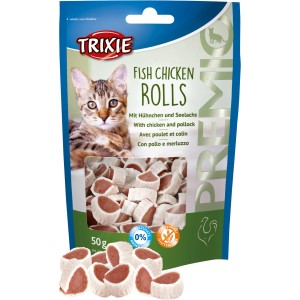 Trixie Katzensnack Premio Fish Chicken Rolls, Hühnchen & Seelachs, 50g Packung.