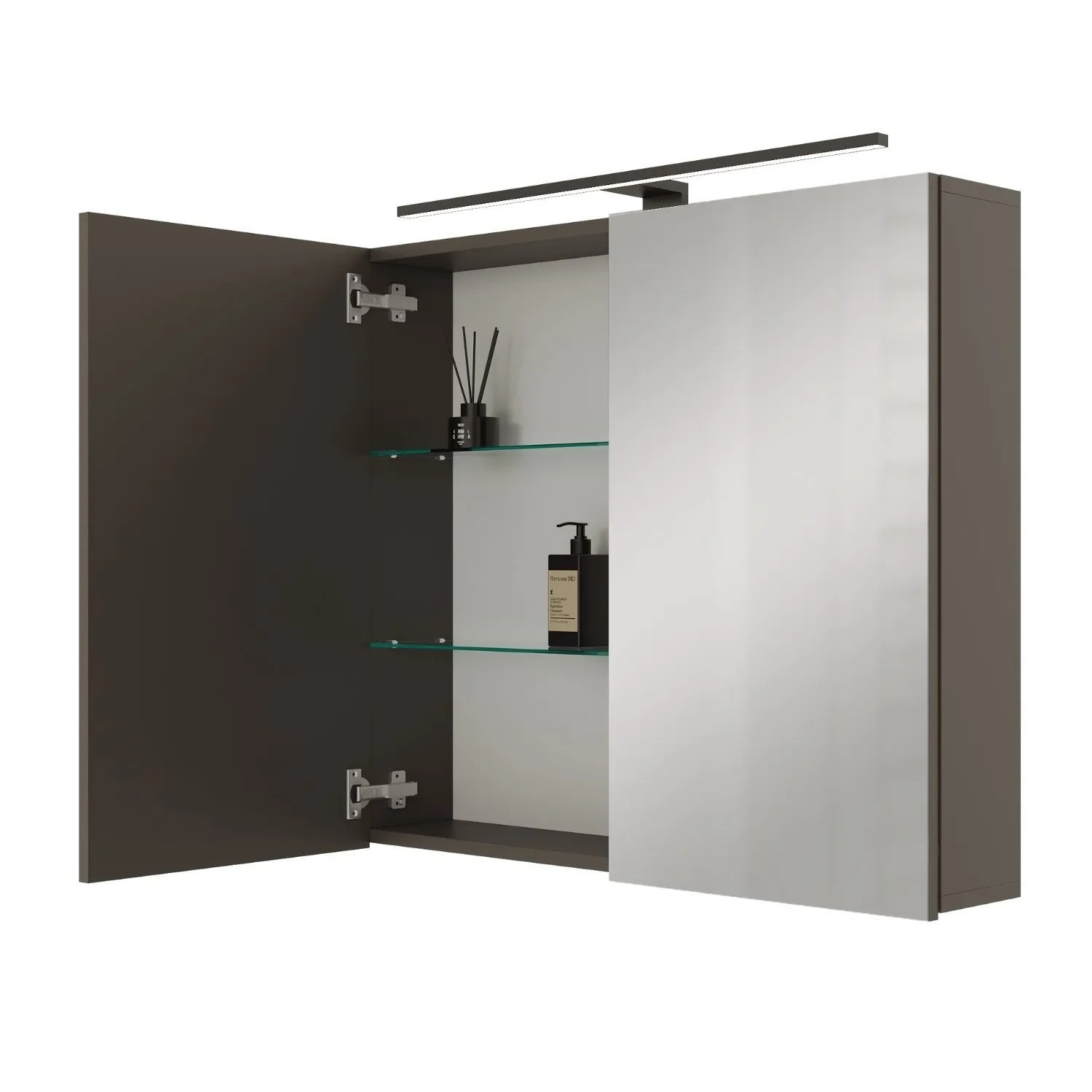 Planetmöbel ARIA Spiegelschrank 80 cm Anthrazit mit LED Leuchte Schwarz Steckdosenbox 230 V