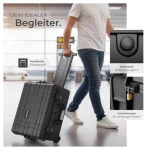 Schwarzer Tectake Kamerakoffer mit Rollen und Teleskopgriff. Ideal für Aufbewahrung & Ordnung.