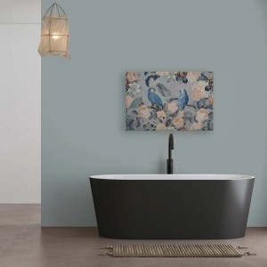 Leinwandbild mit Pfingstrosen und Papageien, romantisches Wandbild in Blau und Rosa, 120x80 cm.