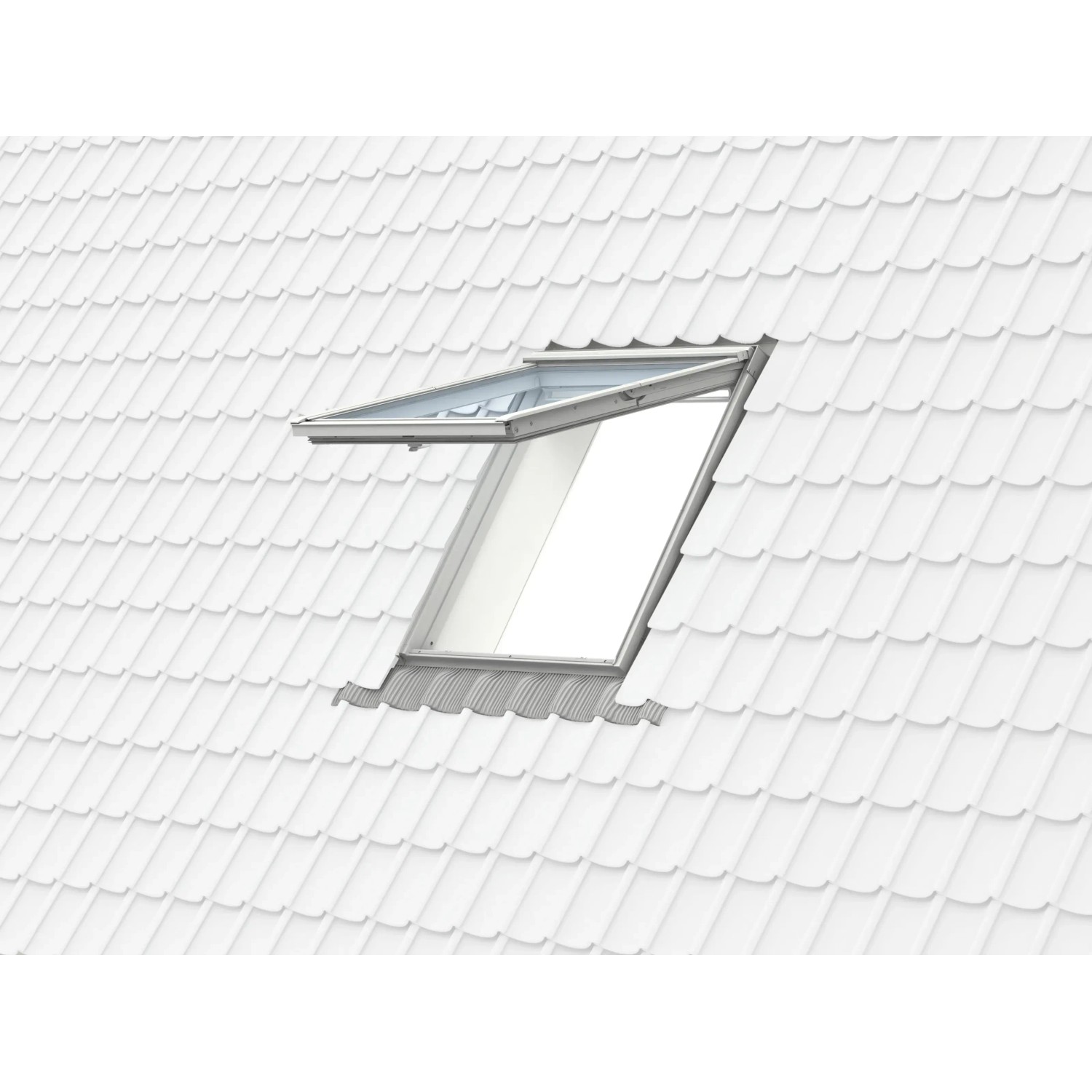 Geöffnetes, weißes Velux Klapp-Schwing-Fenster GPU MK08 im Dach.