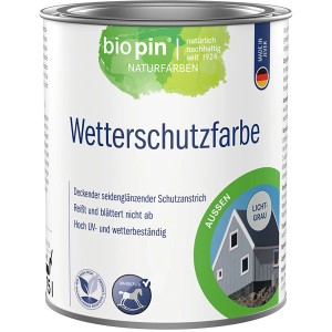 Dose Biopin Wetterschutzfarbe Lichtgrau, seidenglänzend für Holz im Außenbereich.