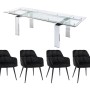 Erweiterbare Essgruppe Lubana: Glastisch transparent/silber, 4 schwarze Samtstühle Pega. Modernes Design.