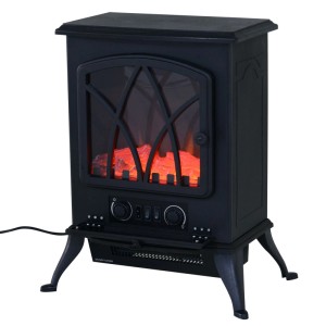 Schwarzer HOMCOM Elektrokamin im rustikalen Design mit simuliertem Feuer, dimmbarer Beleuchtung und Heizfunktion.