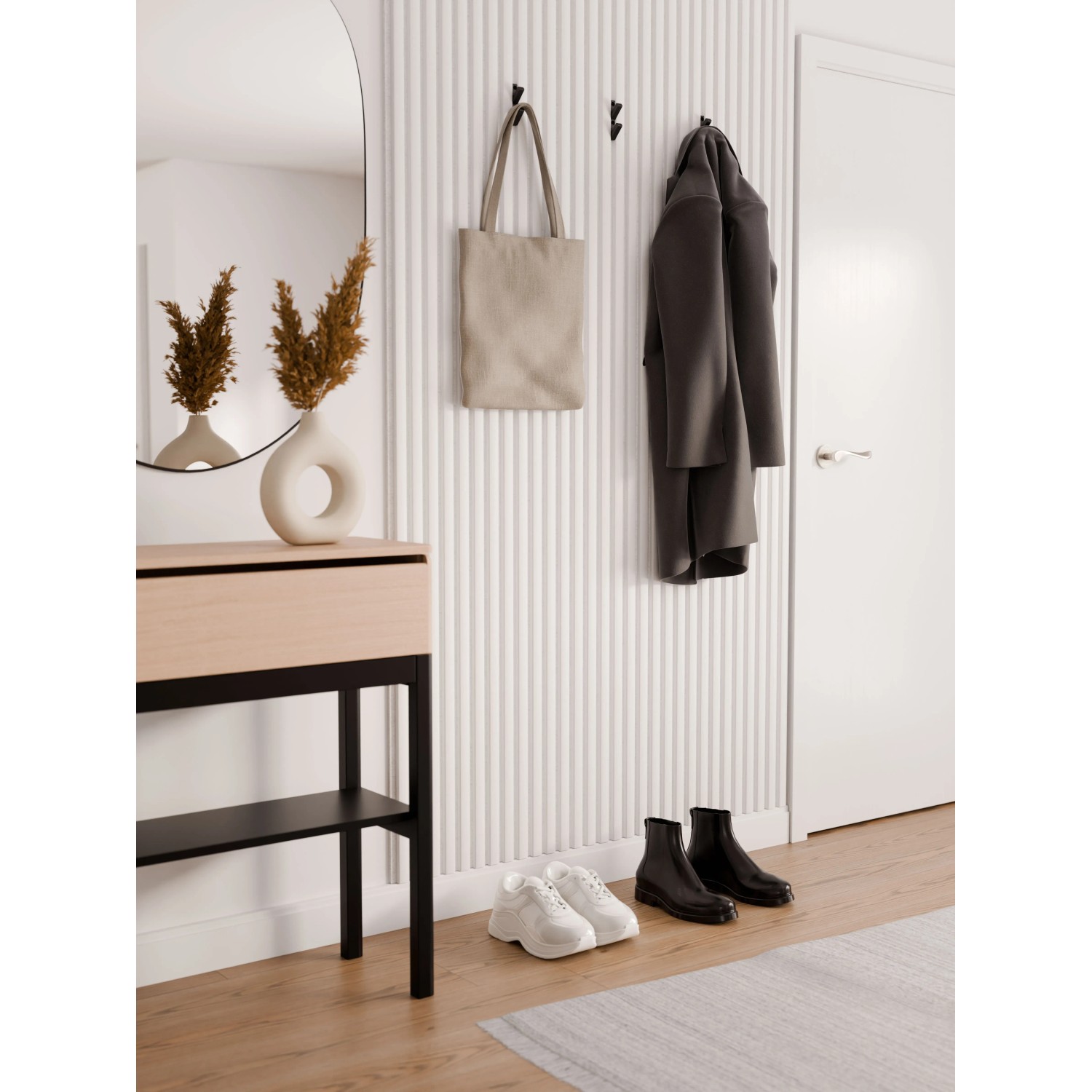 Flur mit weißem Denpanels Akustikpaneel, Konsole, Spiegel und Garderobe.
