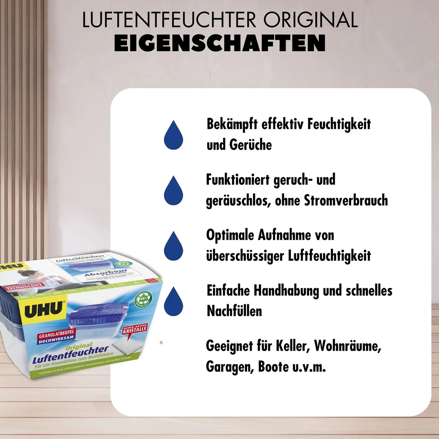 UHU Luftentfeuchter Original 1000g Packung zur Reduzierung der Raumluftfeuchtigkeit.