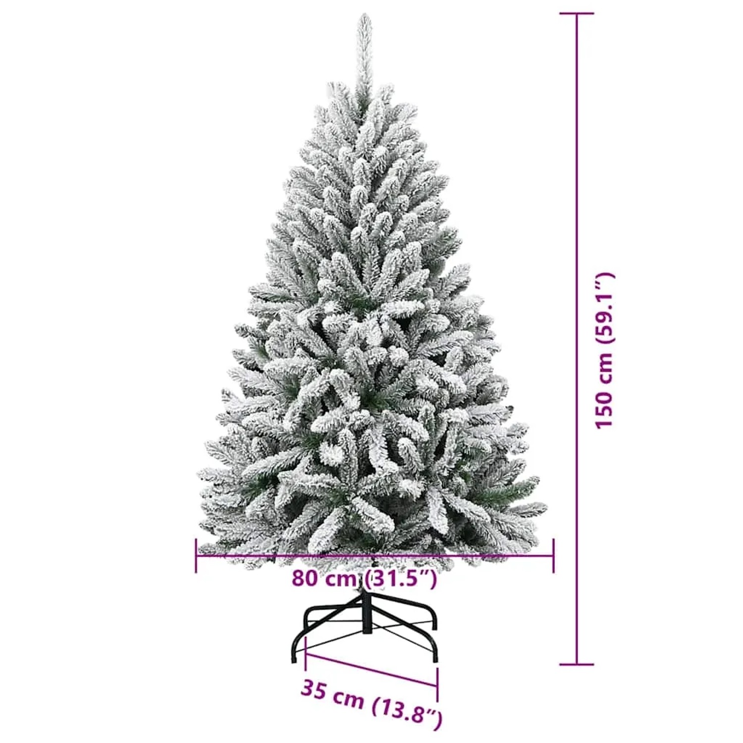 Künstlicher Weihnachtsbaum 150 cm, grün-weiß beschneit, aus PVC mit Metallständer. Festliche Dekoration.