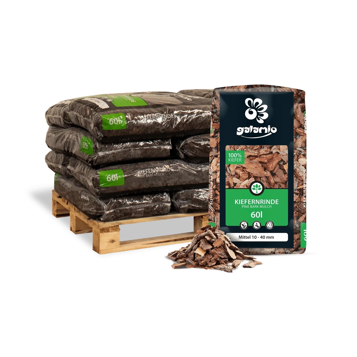 Galamio Rindenmulch Kiefer Mittel 60l x 12 Sack 720l 12er Palette