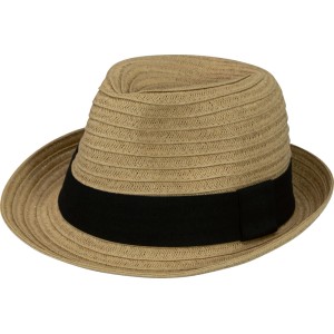 Brauner Herren Strohhut im Fedora-Stil mit gewebter Textur und schwarzem Textilband. Sonnenhut für Gartenbekleidung.