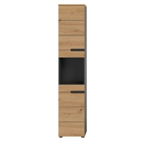 Hochschrank Canu in Artisan/Grau, 193 cm, Bad-Standregal mit Türen und Regalfächern.