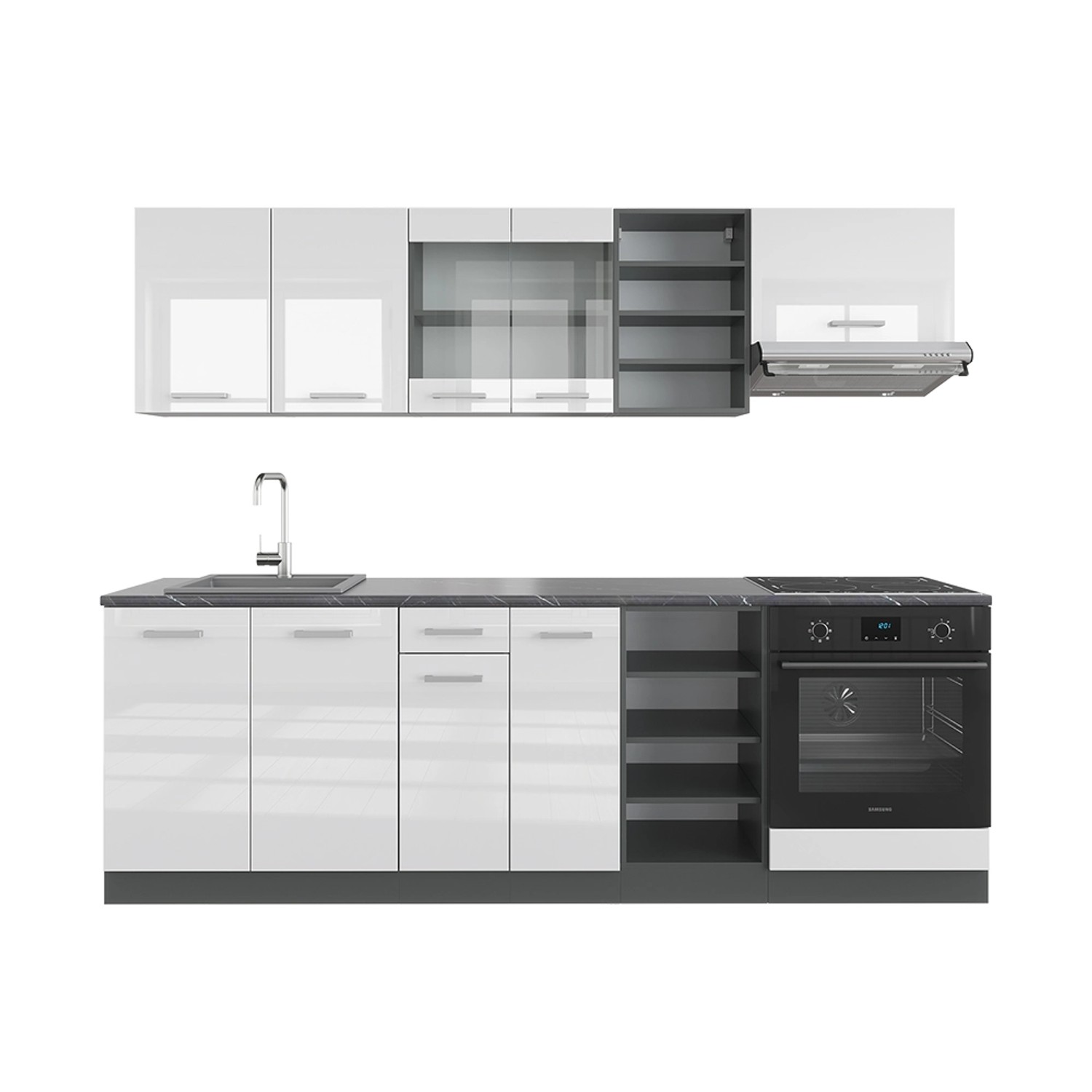 Vicco R-Line Küchenzeile Weiß Hochglanz/Anthrazit 240 cm ohne Arbeitsplatte günstig online kaufen