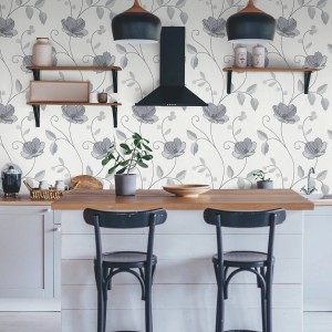 Bricoflor Blumentapete in Grau an Küchenwand mit floralem Muster.
