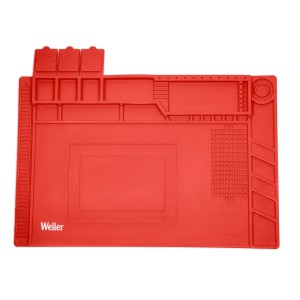 Rote Weller Lötmatte Größe M, hitzebeständig und rutschfest, mit Fächern und Lineal.