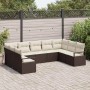 Braunes 9-teiliges vidaXL Garten-Sofa-Set aus Poly Rattan mit beigen Kissen.