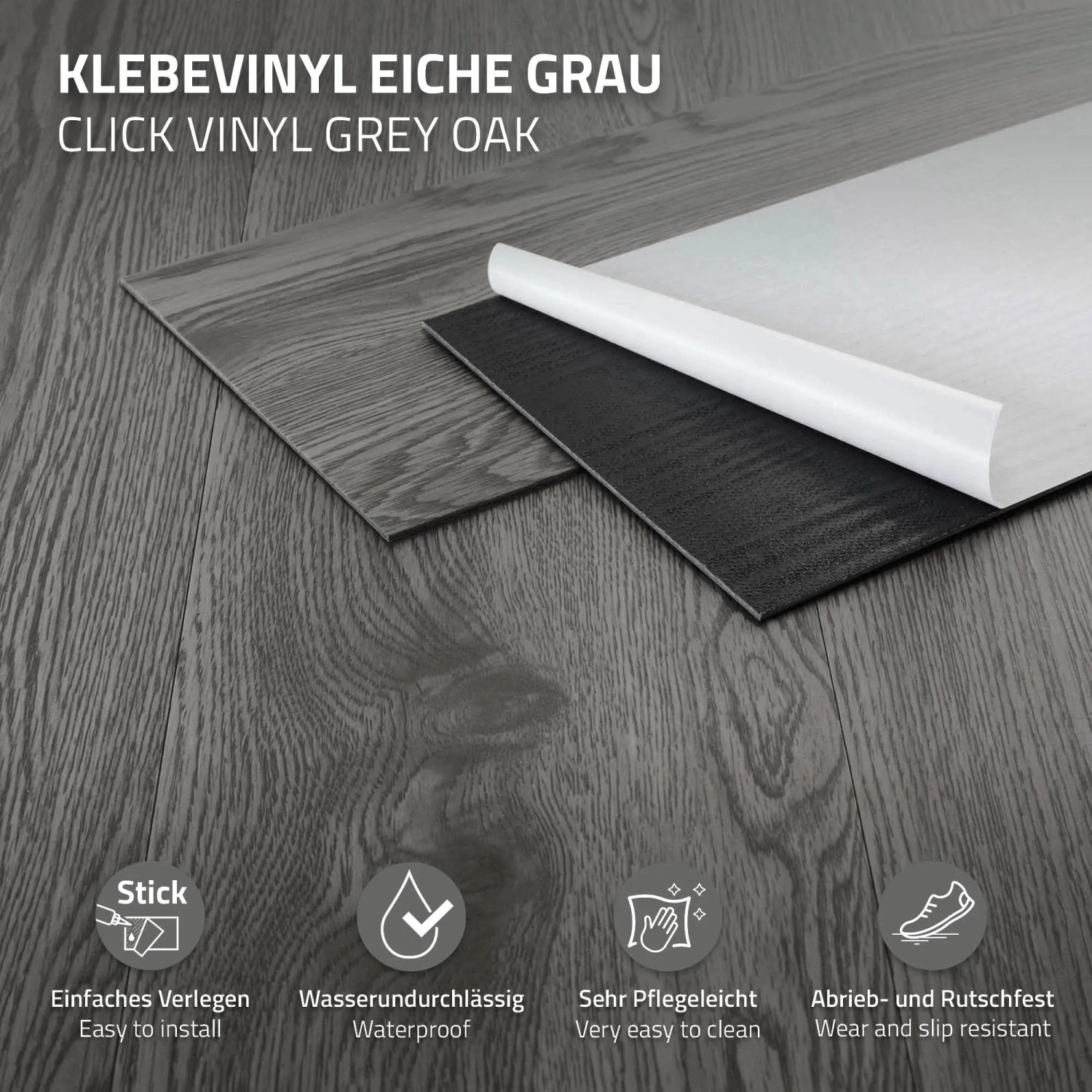 Selbstklebender Vinylboden in Grau Eiche Optik. PVC Bodenbelag für einfache Verlegung.