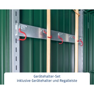 EcoStar Gerätehalter-Set im Gartenhaus: Wandschiene mit roten Gerätehaken und Gartengeräten.