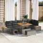 Graues 9-teiliges Garten-Sofa-Set aus Poly Rattan und Akazienholz mit Kissen.