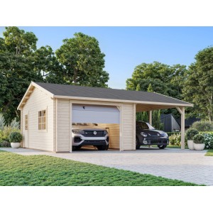 Palmako Garage Roger, lackiert weiß, mit Sektionaltor und Carport. Holzgarage mit zwei Autos.